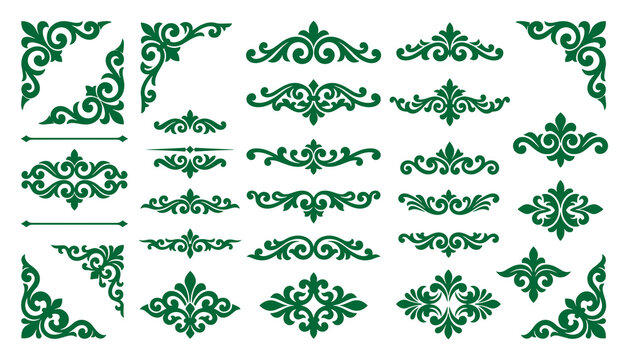 Ornate green filigree scroll ornaments and antique divider elements.