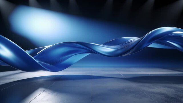 Overhead spotlights cueing large blue ribbon undulating across studio stage to catch reflections
