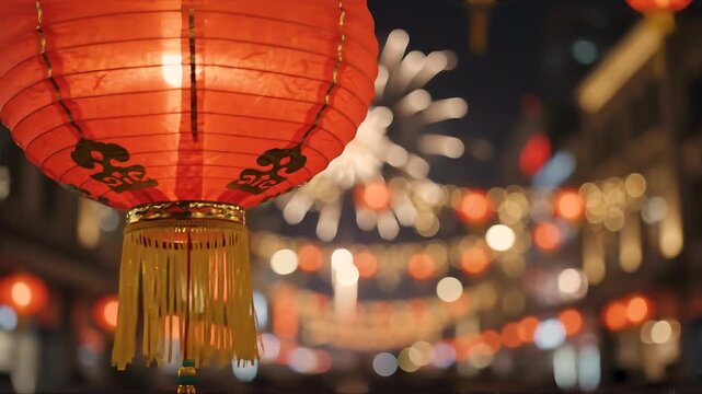 Illuminated red Chinese lantern glows against blurred fireworks street night background, representing traditional Lunar New Year festival celebration and Asian cultural heritage prosperity.