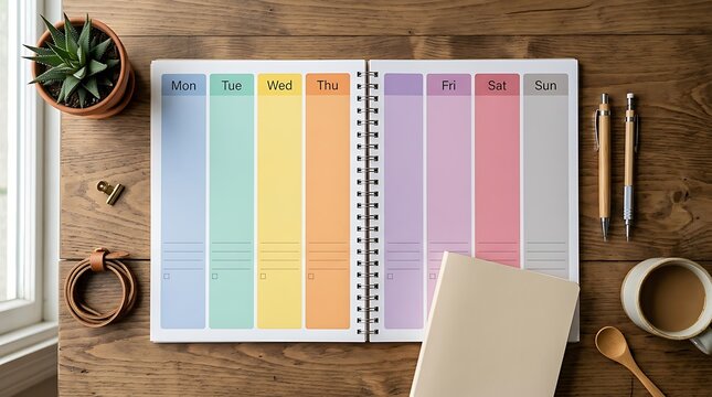 Colorful Weekly Planner Template on Wooden Desk with Stationery