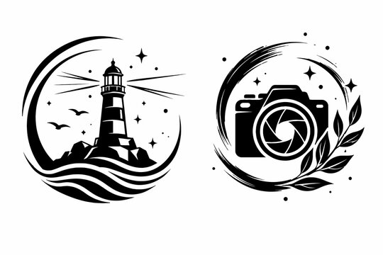 Minimalist lighthouse and camera logo set, black and white nautical and photography icons, 2 vector circular emblems for branding