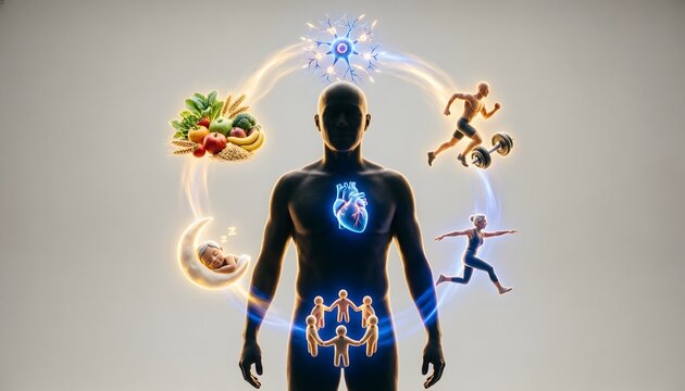 Human silhouette centralizing biological wellness through glowing circular interconnected icons representing nutrition exercise sleep mental clarity and physical movement 