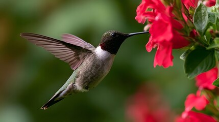 Fototapeta premium A hummingbird hovers near bright red flowers its wings blurred by motion as it feeds on nectar