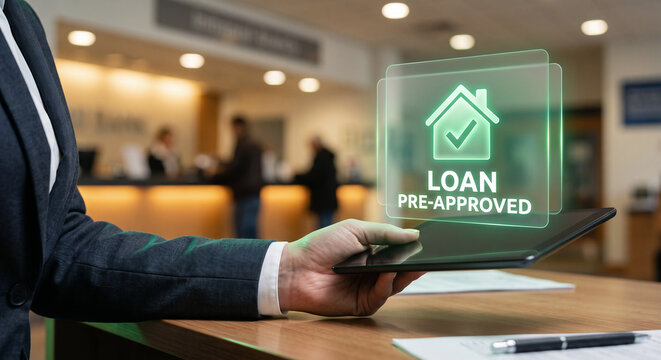 Bank officer hand holding tablet with holographic loan pre-approval interface, digital lending decision concept in bank branch