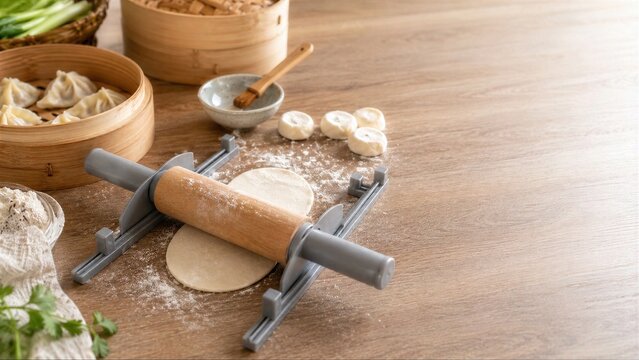 Dumpling Making Tools And Dough On A Sunlit Wooden Countertop
