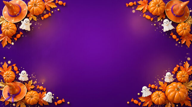 Halloween background with pumpkins and witch hats on purple festive backdrop