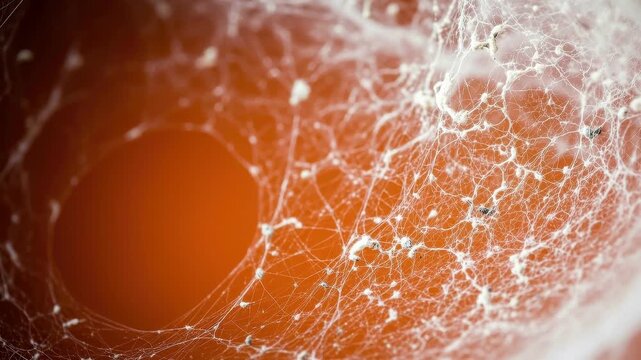 Closeup of white spider web texture on orange background