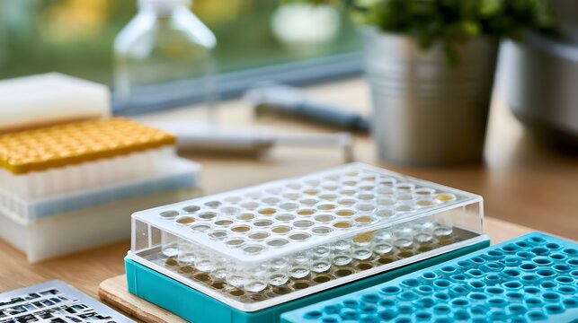 Clear plastic test tube rack filled with small glass tubes sits on wooden surface near potted plant and other lab equipment