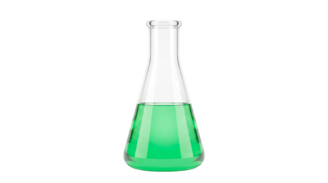 Clear Glass Erlenmeyer Flask with Green Liquid isolated on a transparent background