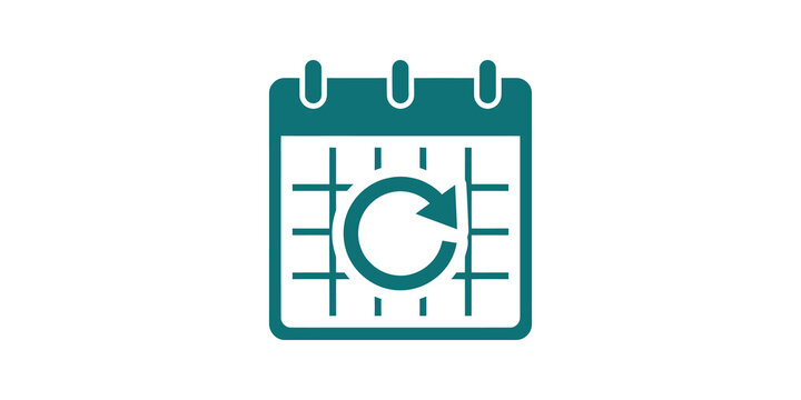 Teal calendar icon with refresh symbol on transparent background for web.
