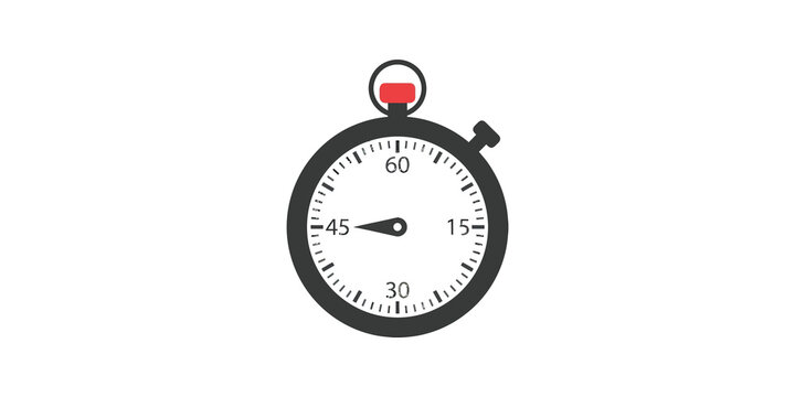 Analog stopwatch flat icon with red button for time tracking design.