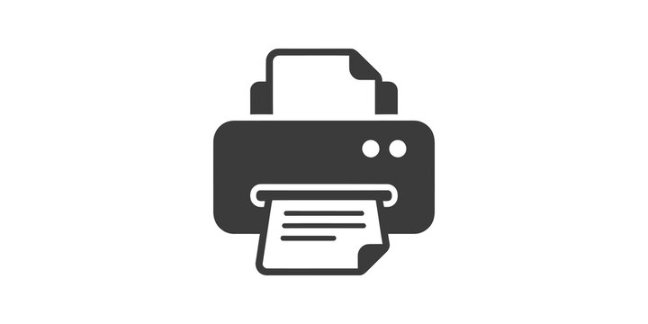 Grey home printer machine flat icon for office document printing concept.