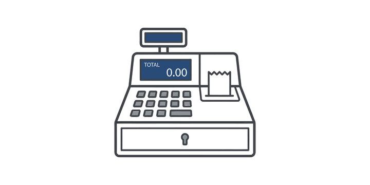 Cash register machine with receipt and digital display for commerce.