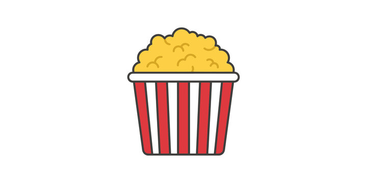 Popcorn tub icon with yellow kernels in red striped container for movies.