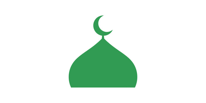 Green mosque dome icon with crescent moon for islamic religious symbol.