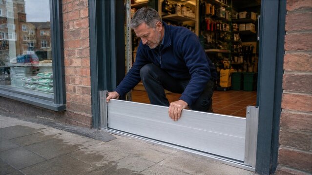 Man Installing an Aluminum Flood Barrier at a Storefront Entrance