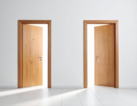 Two Minimalist Open Wooden Doors Side by Side with Streaming Sunlight Equal Access and Opportunity Concept