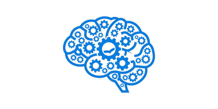 Brain with gears light blue, illustrating thinking and intelligence.