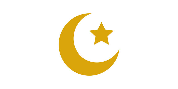 Golden crescent moon with star flat icon for religious design projects.