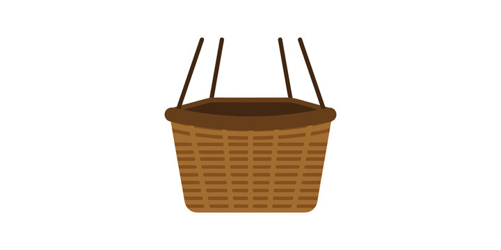 Empty brown wicker basket with handles on transparent background.