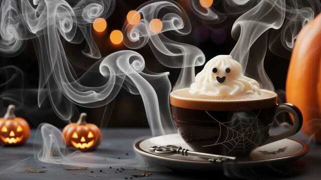 Halloween themed coffee cup with ghost whipped cream