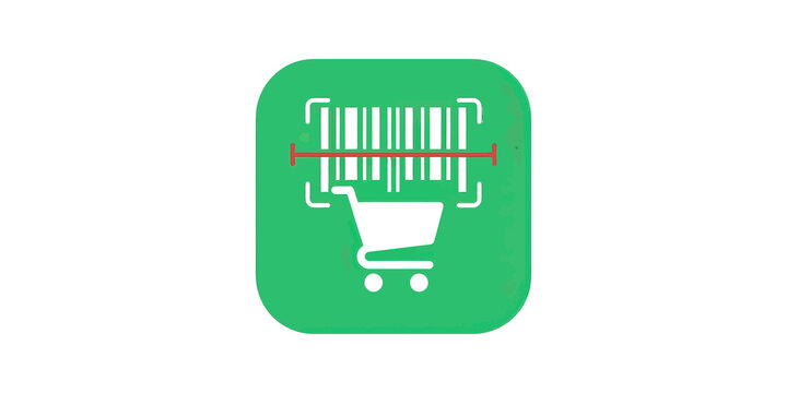 Barcode scanner with shopping cart green square button flat icon design.