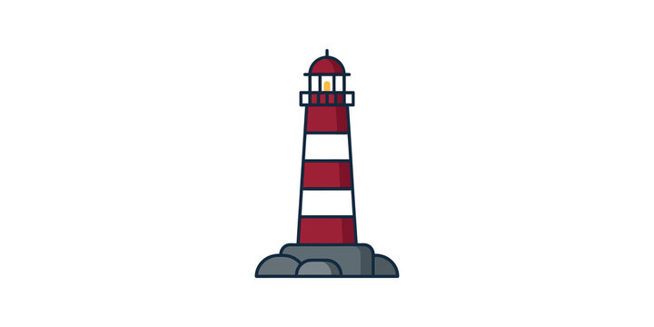 Red lighthouse flat icon on rocky base for maritime navigation branding.