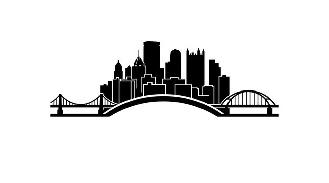 Silhouette of Pittsburgh city skyline with bridges in black and white