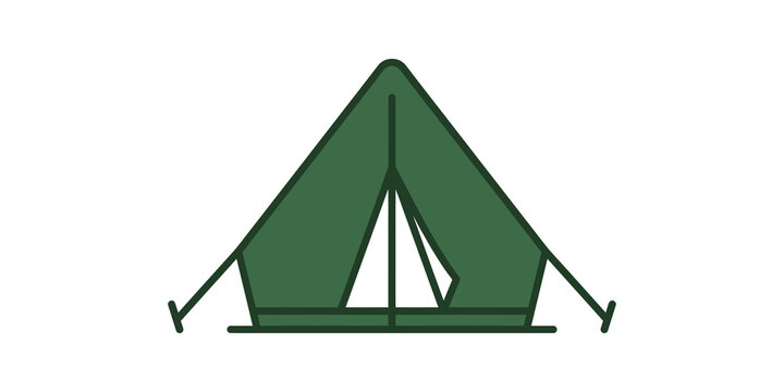 Green camping tent icon features simple lines for outdoor travel designs.