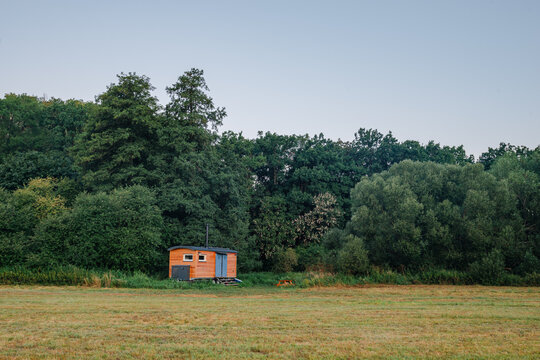 Wide view of a wooden tiny house on wheels parked at the forest edge near a grassy field.