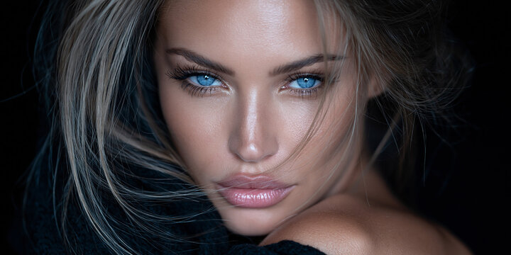 portrait of beautiful woman with blue eyes, elegant female face with striking blue eyes, closeup portrait of attractive woman with blue eyes