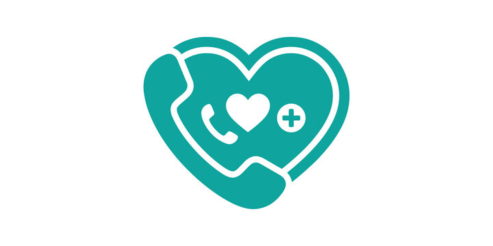 Teal heart shaped phone icon representing healthcare and support system.