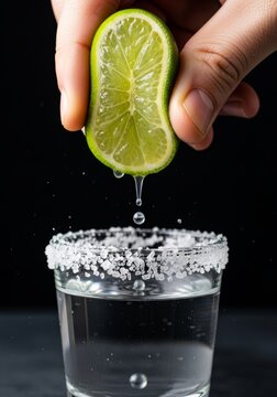 Hand squeezing lime wedge over tequila shot glass with salt rim. Close up of fresh citrus juice dropping into alcohol drink. Beverage preparation for party celebration and bar service.