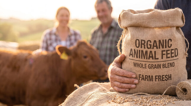Bag of organic animal feed held by a farmer on a farm with cattle in the background during golden hour.