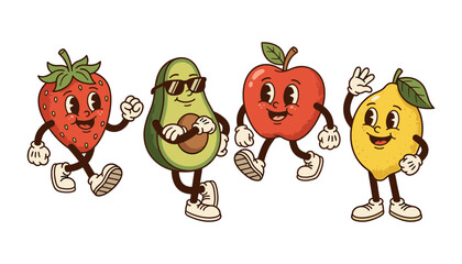 Obraz premium Retro groovy walking fruit mascot characters vector illustration set featuring vintage strawberry avocado apple and lemon cartoon figures
