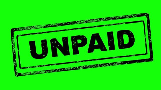hand drawn style solid black fill unpaid stamp animation with jitter effect on green screen chroma key background. Perfect for corporate financial videos and billing concepts