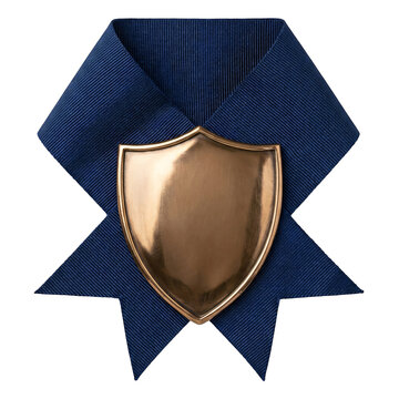 Golden shield emblem on blue denim fabric background.