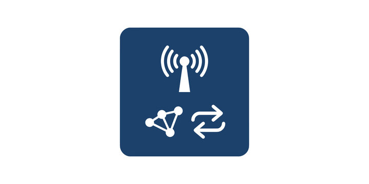 Blue network connectivity icon with signal tower data exchange symbols set.