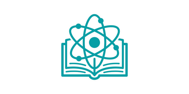 Teal atom orbiting over open book for academic scientific education logo.