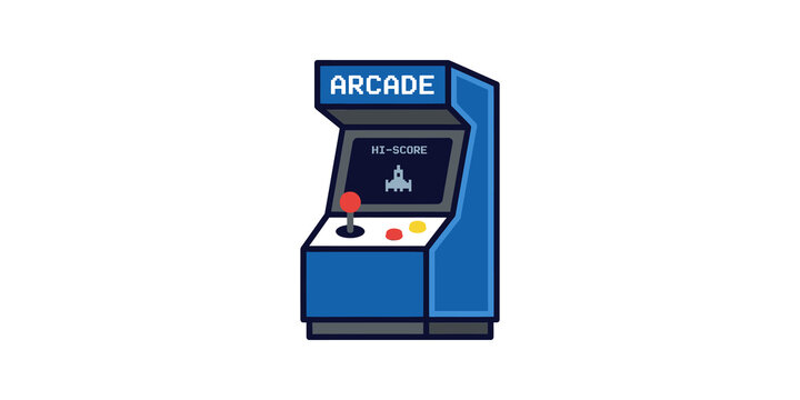 Arcade machine flat icon with pixel art style for gaming entertainment hub.