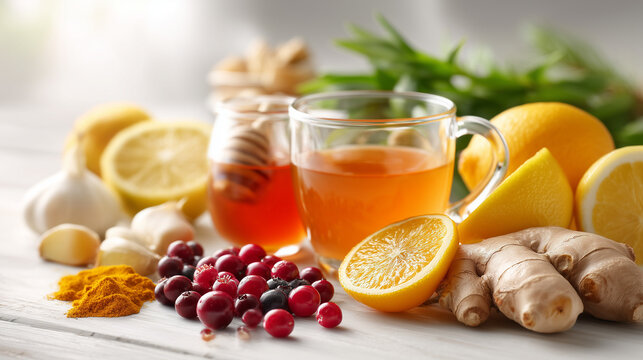 Warm herbal tea surrounded by lemon, ginger, garlic, berries, turmeric and fresh herbs, symbolizing natural wellness, seasonal health care and soothing home remedies.