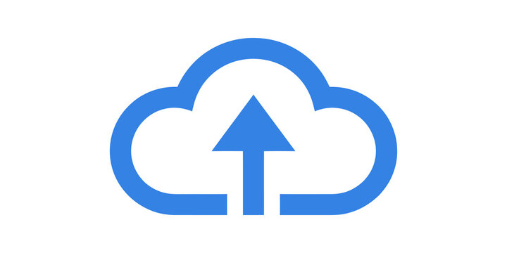 Blue cloud upload icon with linear outline for remote data server access.