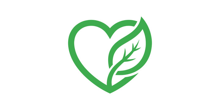 green heart and leaf icon for healthy living and natural products.