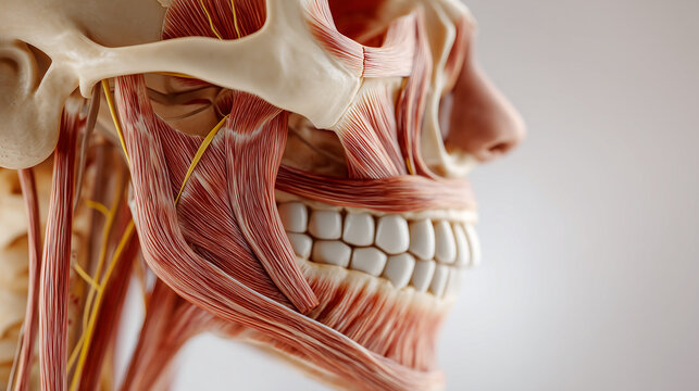 Detailed 3D anatomical illustration of facial muscles, jaw and teeth, showing human anatomy for medical education, dentistry, anatomy studies, healthcare and scientific visualization.