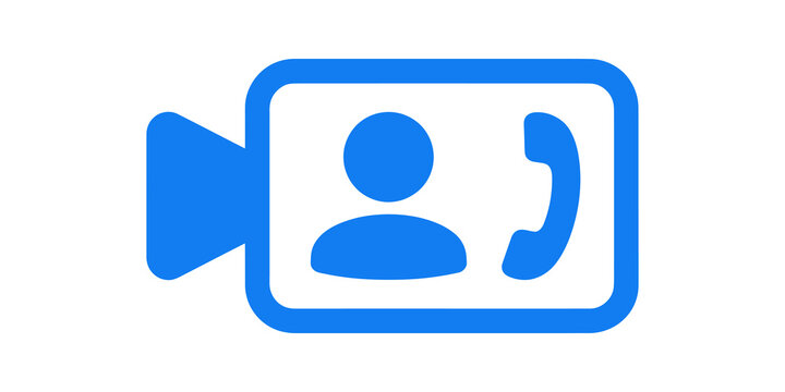Video call flat icon blue silhouette design for communication interface.