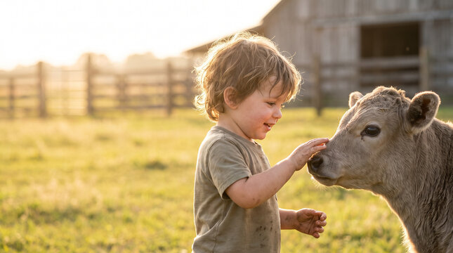 Child meeting calf for first time on a sunny farm, gently touching the young cow's head.