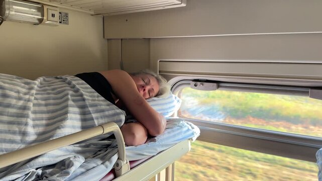 Senior woman sleeping peacefully on upper bunk in train compartment during morning journey, travel agency marketing, tourism industry, tranquil transit moment, train travel relaxation.