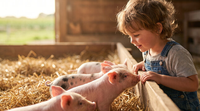 Child observing piglets in a wooden pen on a farm during a sunny day.