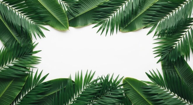 Tropical palm leaves arranged in a frame on a white background. Botanical foliage border with empty space for text. Flat lay organic design for summer vacation and holiday greeting card.
