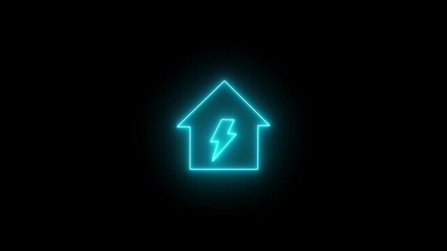 Glowing neon line home with lightning bolt symbolizing home power and energy concept. Electric house neon sign. Sustainable energy idea concept. Charging icon and power icon animation.